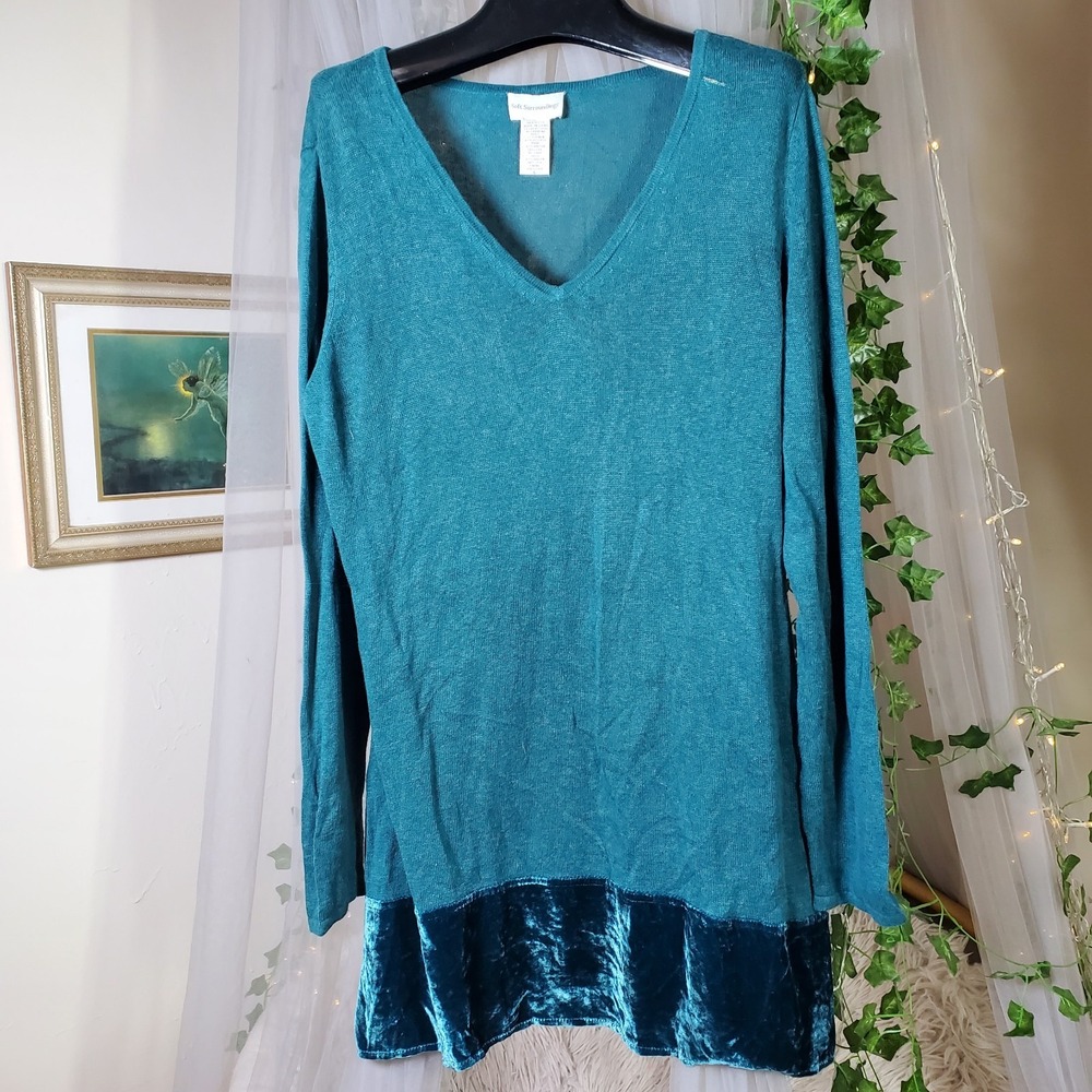 Soft Surroundings Audrey Tunic Size L Layer Pleat Hem Dark Teal Long Sleeve